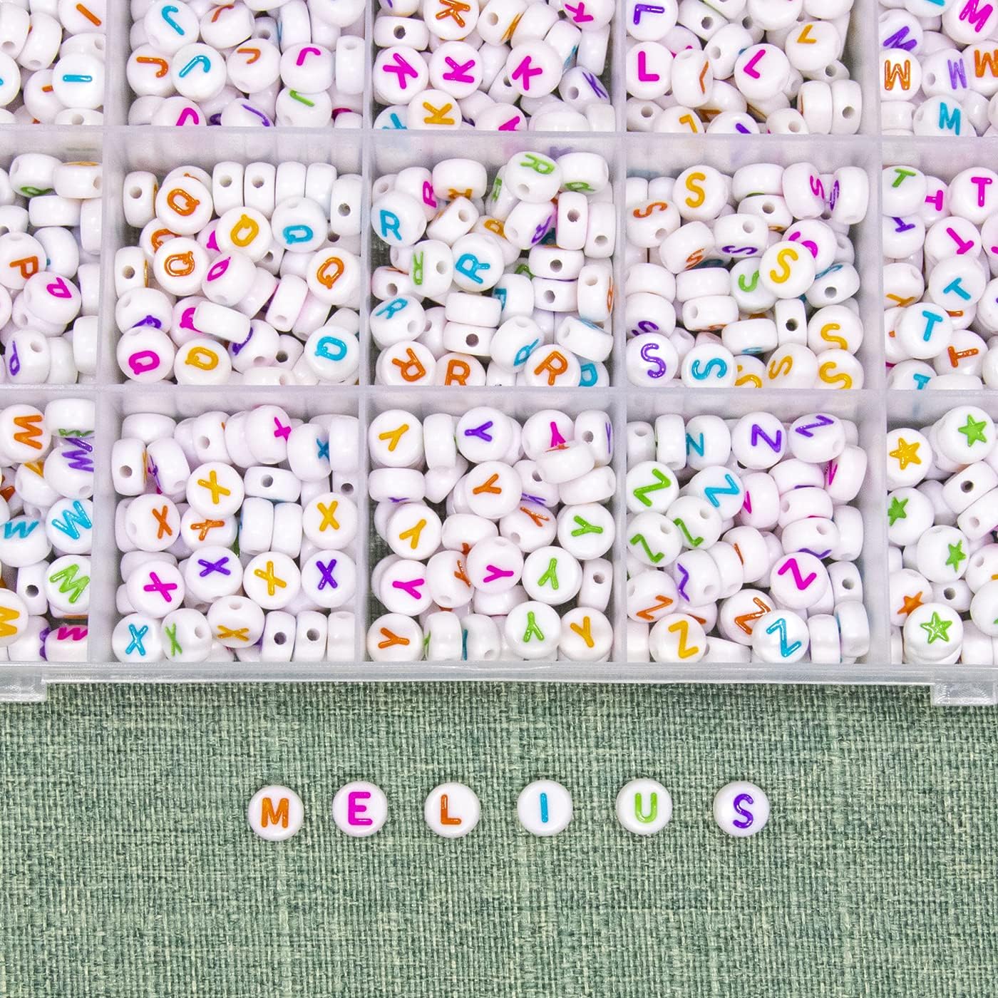 Melius 1450Pcs Acrylic Glow Letter Beads, Alphabetical Glowing in The Dark Beads in 28 Grid Box for Jewelry Making, DIY Bracelets, Necklaces, Key Chains (Glowing, 4x7mm)