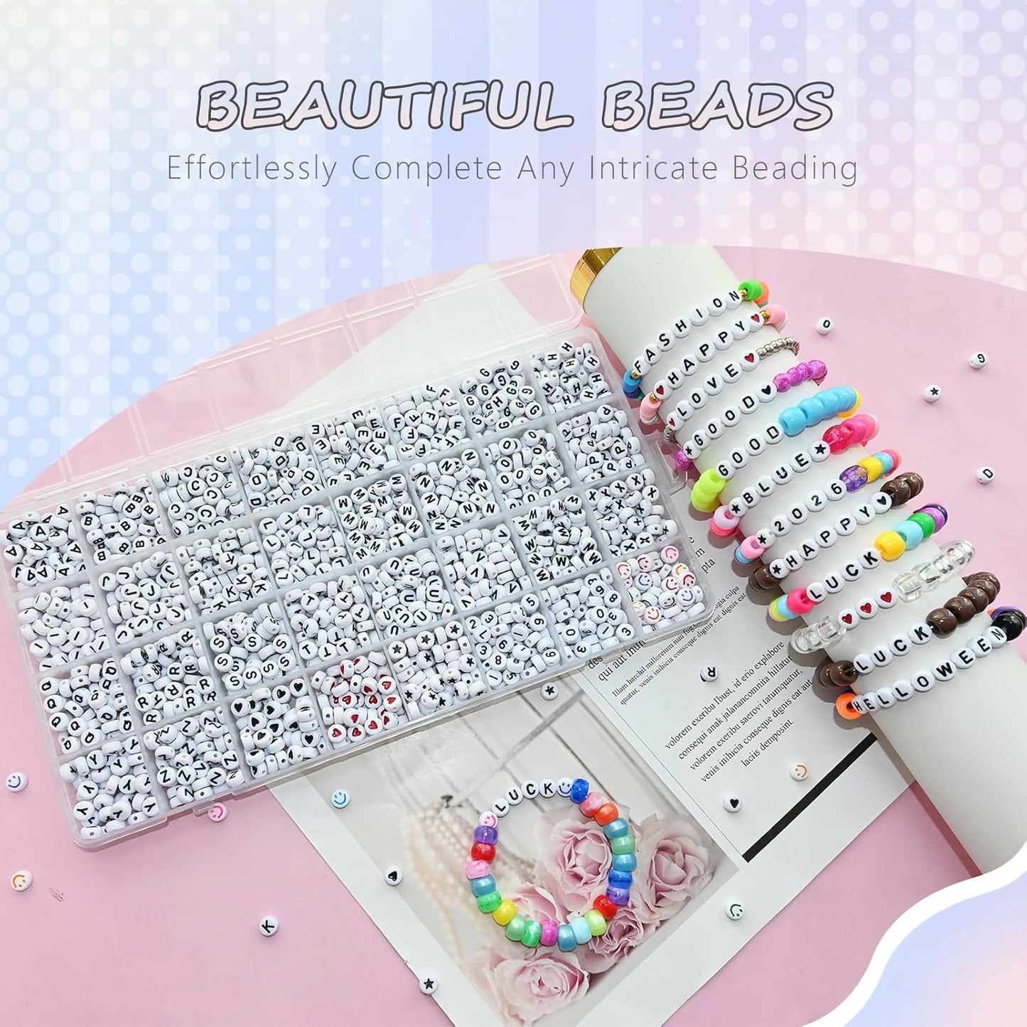 Amaney 1400pcs Glow Letter Beads, Heart Beads Whit Elastic Beading Cord,4x7mm Round Acrylic Alphabet Beads for Friend Bracelet Jewelry Making