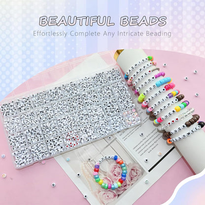 Amaney 1400pcs Glow Letter Beads, Heart Beads Whit Elastic Beading Cord,4x7mm Round Acrylic Alphabet Beads for Friend Bracelet Jewelry Making