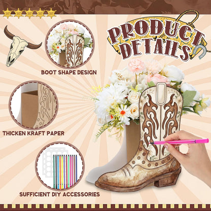 Dunzoom 8 Set DIY Western Cowboy Boots Flower Boxes Crafts Western Cowgirl Centerpiece for Table Cowboy Boot Scratch Art Kit Cowgirl Flower Boxes to Paint Wedding Birthday Party Supplies(Brown)