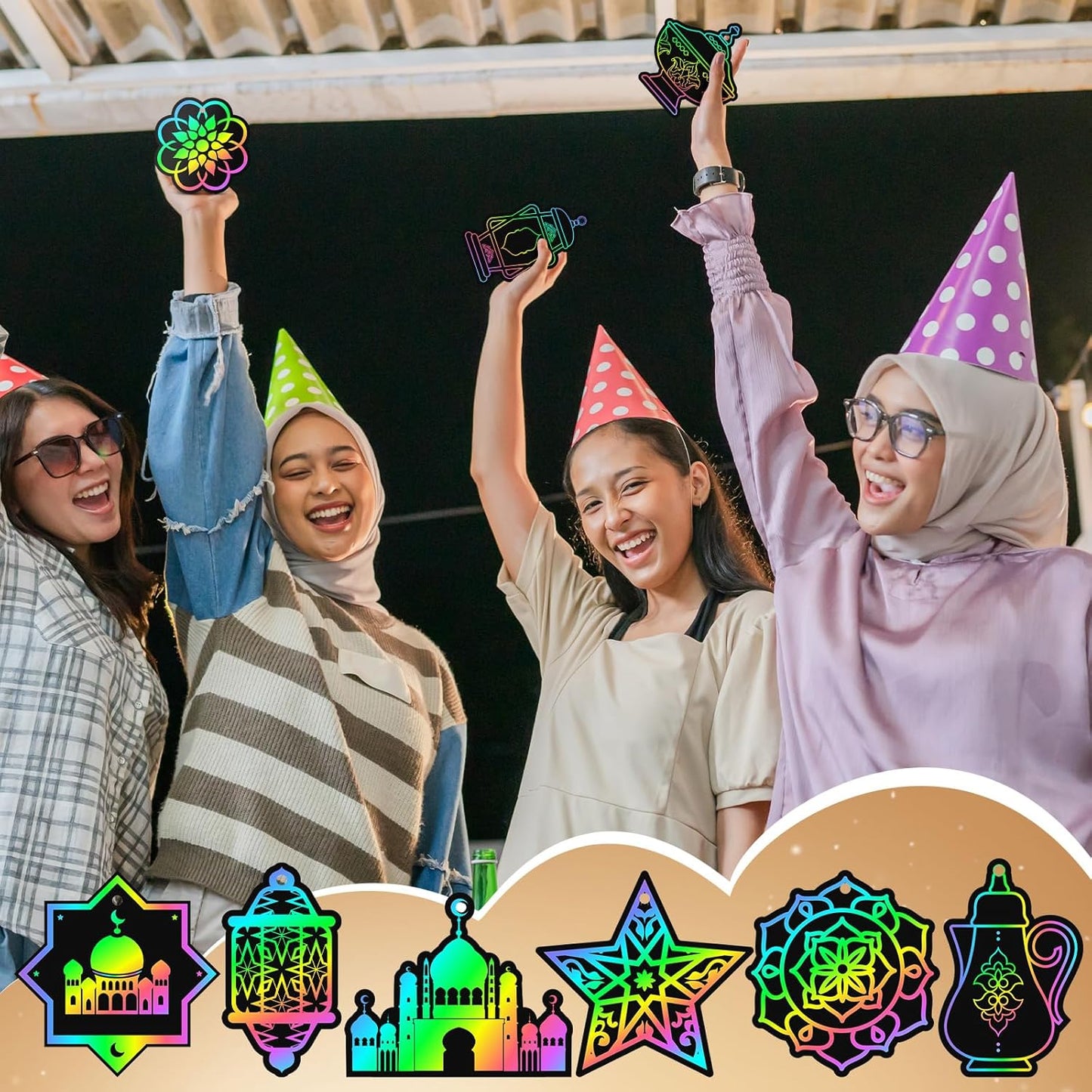 Deekin 120 Pcs Eid Scratch Paper Set Ramadan Crafts Scratch Cards Hanging Ramadan Gifts Eid Magical Party Activities DIY Art Painting Project Supplies