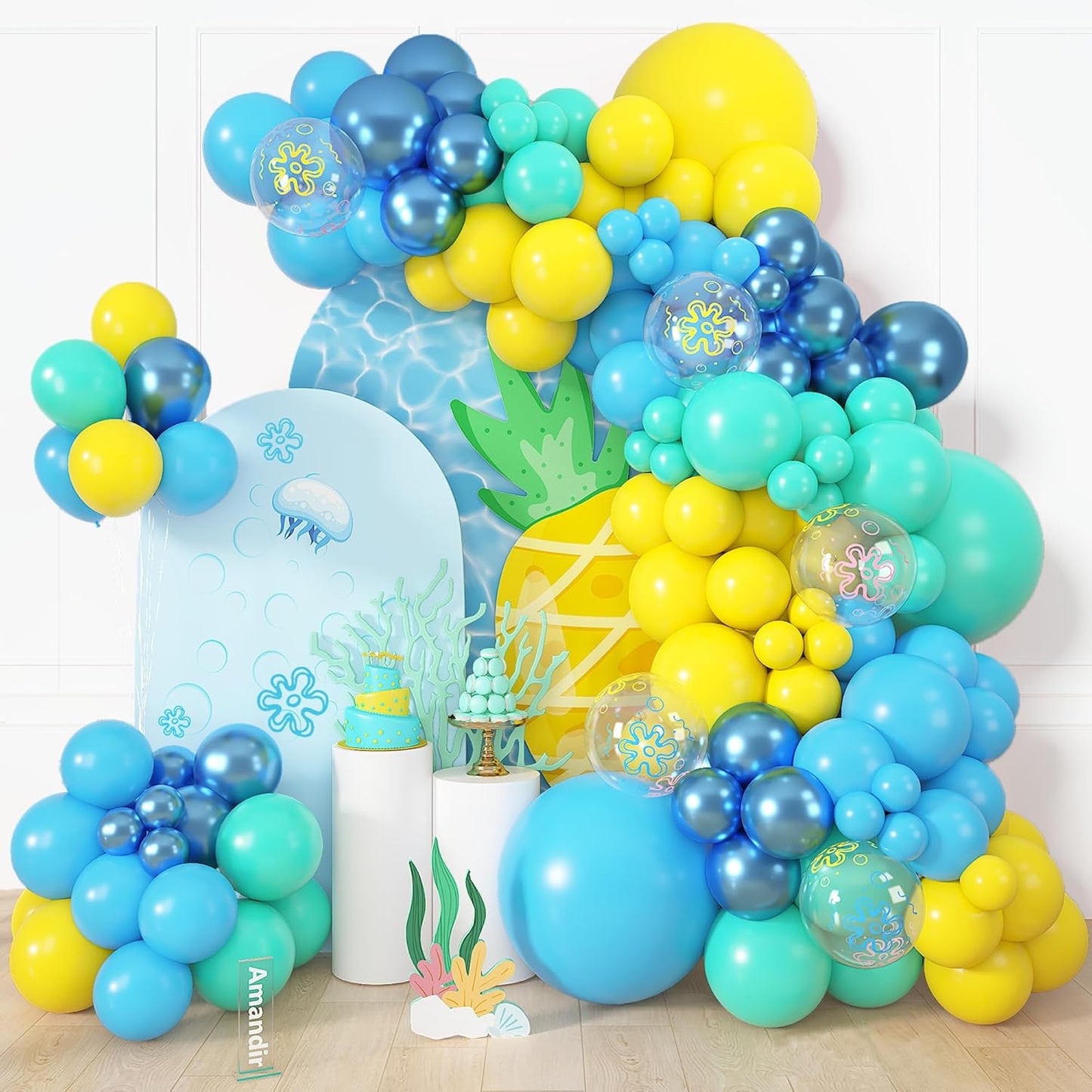 Amandir 153pcs Purple Blue Pink Balloon Garland Arch Kit, Different Sizes 18 12 10 5 inch Teal Yellow Latex Metallic Confetti Balloons for Magic Birthday Engagement Party Decoration