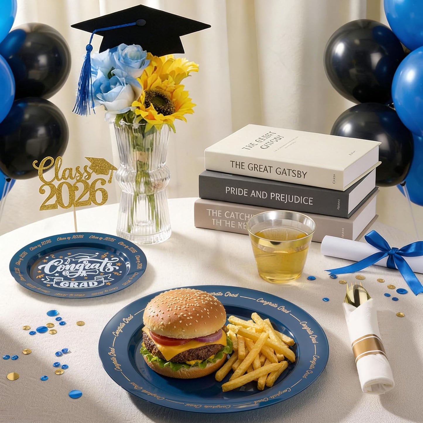 Goodluck 350 Piece Silver Plastic Dinnerware Set for 50 Guests, Fancy Disposable Plates for Party, Include: 50 Dinner Plates, 50 Dessert Plates, 50 Pre Rolled Napkins with Silver Silverware, 50 Cups