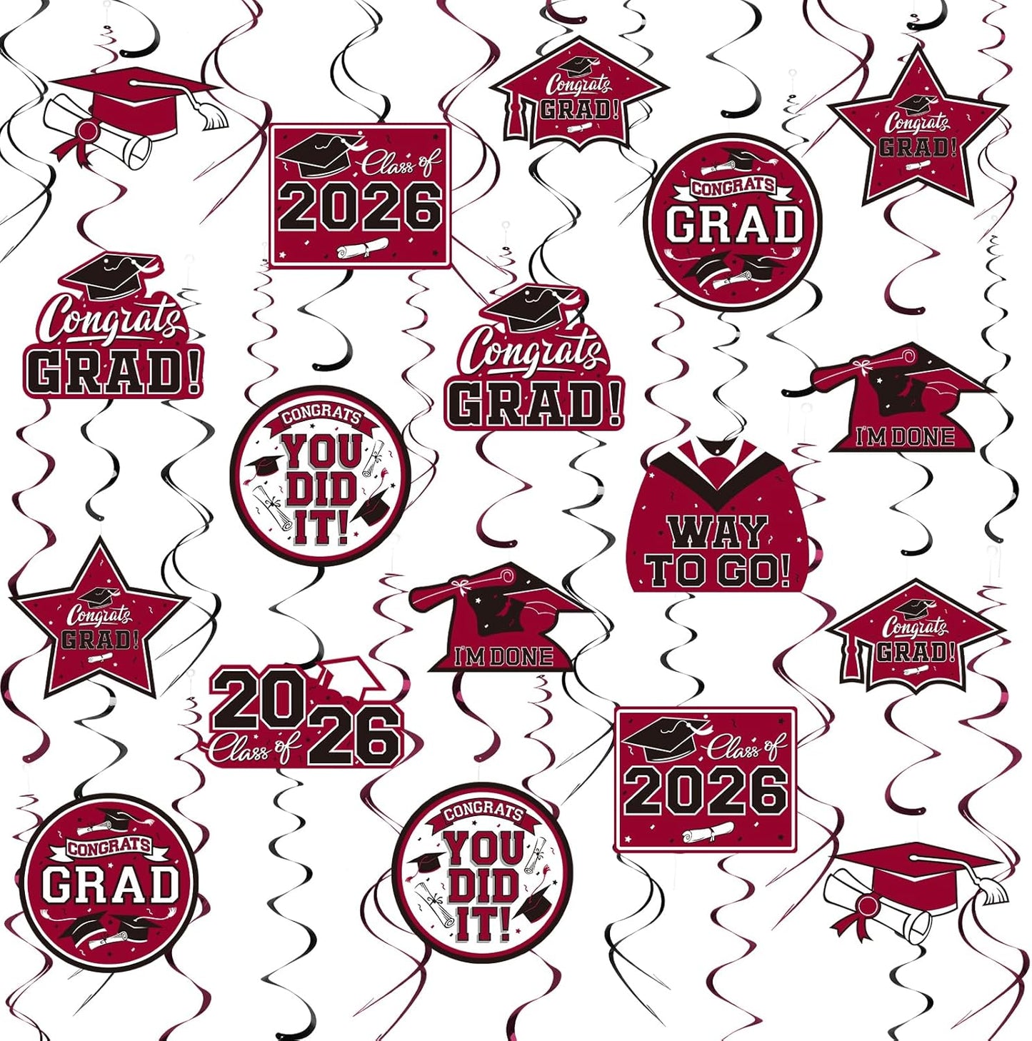 31 Pieces Graduation Decorations Class of 2026, Graduation Hanging Swirl Congrats Grad and Graduation Party Decorations(red, Black)