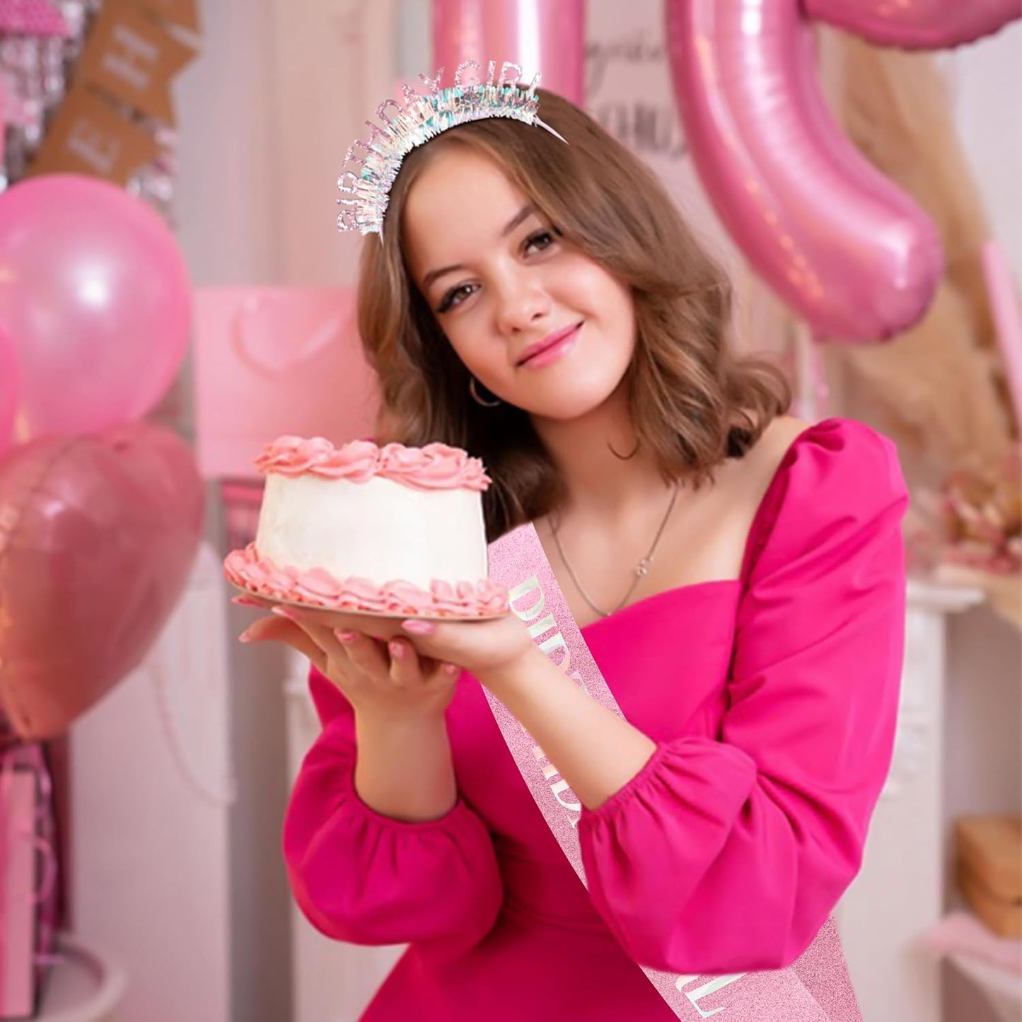 COCIDE Birthday Girl Headband & Sash - Birthday Crown for Women & Girls Pink Glitter Letter Tiara Birth Day Decorations Accessories Gift for Her (A1 Pink)