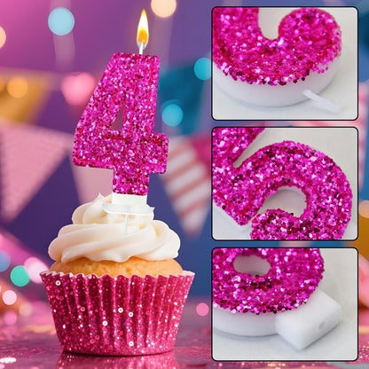 Birthday Number Candles, Glitter Number Candle Cake Decorations with Sequins, Cupcake Decorations for Girls, Women, Party Anniversary Celebrations (Number 6, Purple)