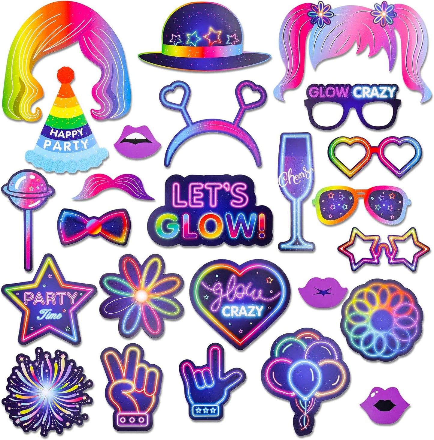 Qpout 25 Pieces Glow Party Photo Props, Neon Party Photo Booth Props, Fluorescent Selfie Props, Glow in The Dark Party Photo Props Posing Props Bar Decoration