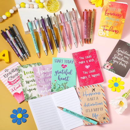 Funrous 32 Pcs Motivational Quote Pens Inspirational Notepads Mini Journal with Ballpoint Pen Small Notebooks Gift for Men Women Coworker Adult Party Favors Prize Teacher Student Office(Stylish)