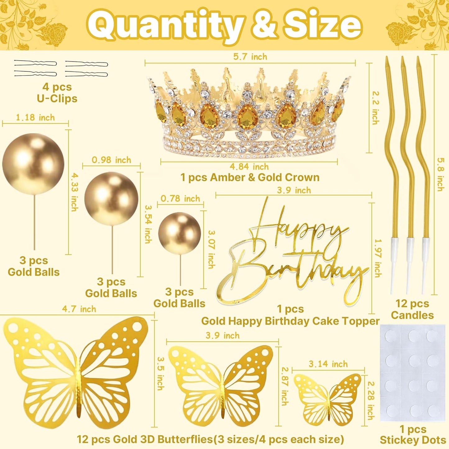 Crown Cake Topper, Balls Happy Birthday Cake Topper Pink Crown Birthday Candles Gold Butterflies, Corona Para Pastel, Cake Decorations for Birthday Wedding (Gold, Pink)