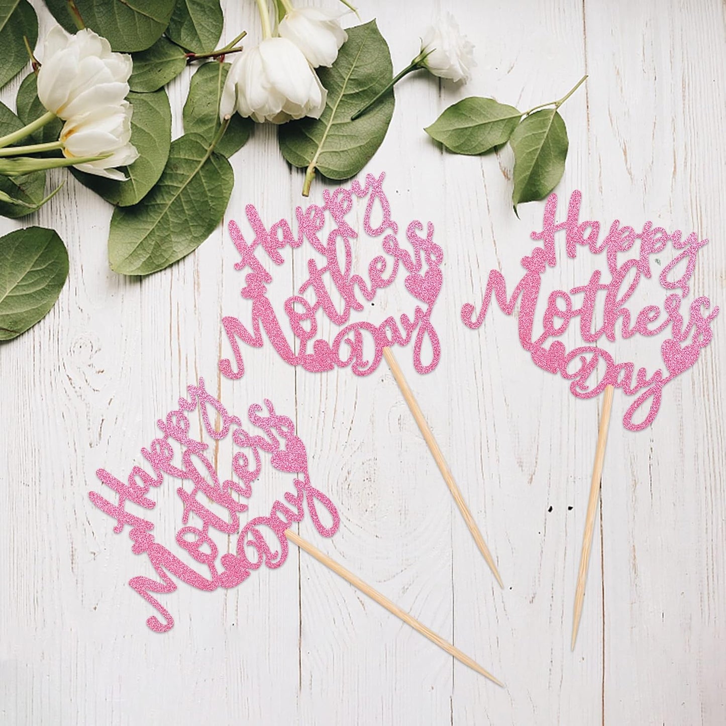 24 PCS Happy Mother's Day Cupcake Toppers with Glitter Heart Love Mother Best Mom Cupcake Picks for Happy Mother's Day Theme Women Birthday Party Cake Decorations Supplies Rose Gold
