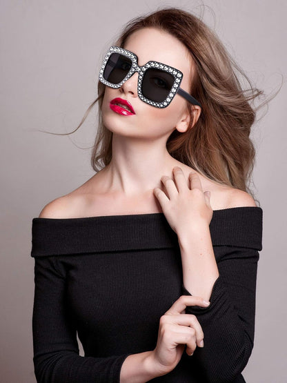 Frienda 6 Pairs Rhinestone Oversized Square Sunglasses 70s Women Dazzled Sunglasses for Disco Party Concert Photo Props
