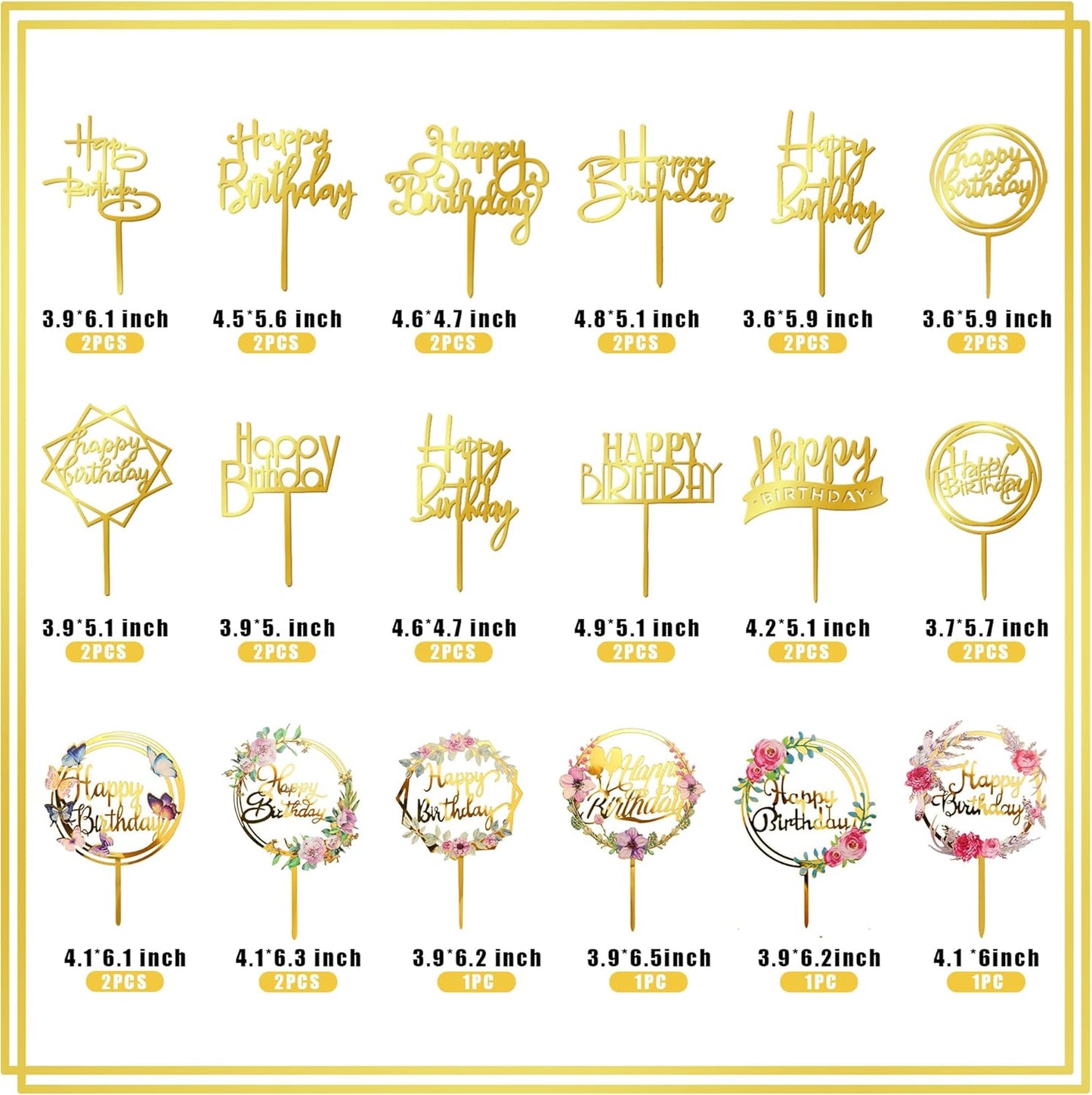 32 PCS Gold Happy Birthday Cake Toppers Flower Acrylic Birthday Cake Topper Cake Pick Decorations (Gold)