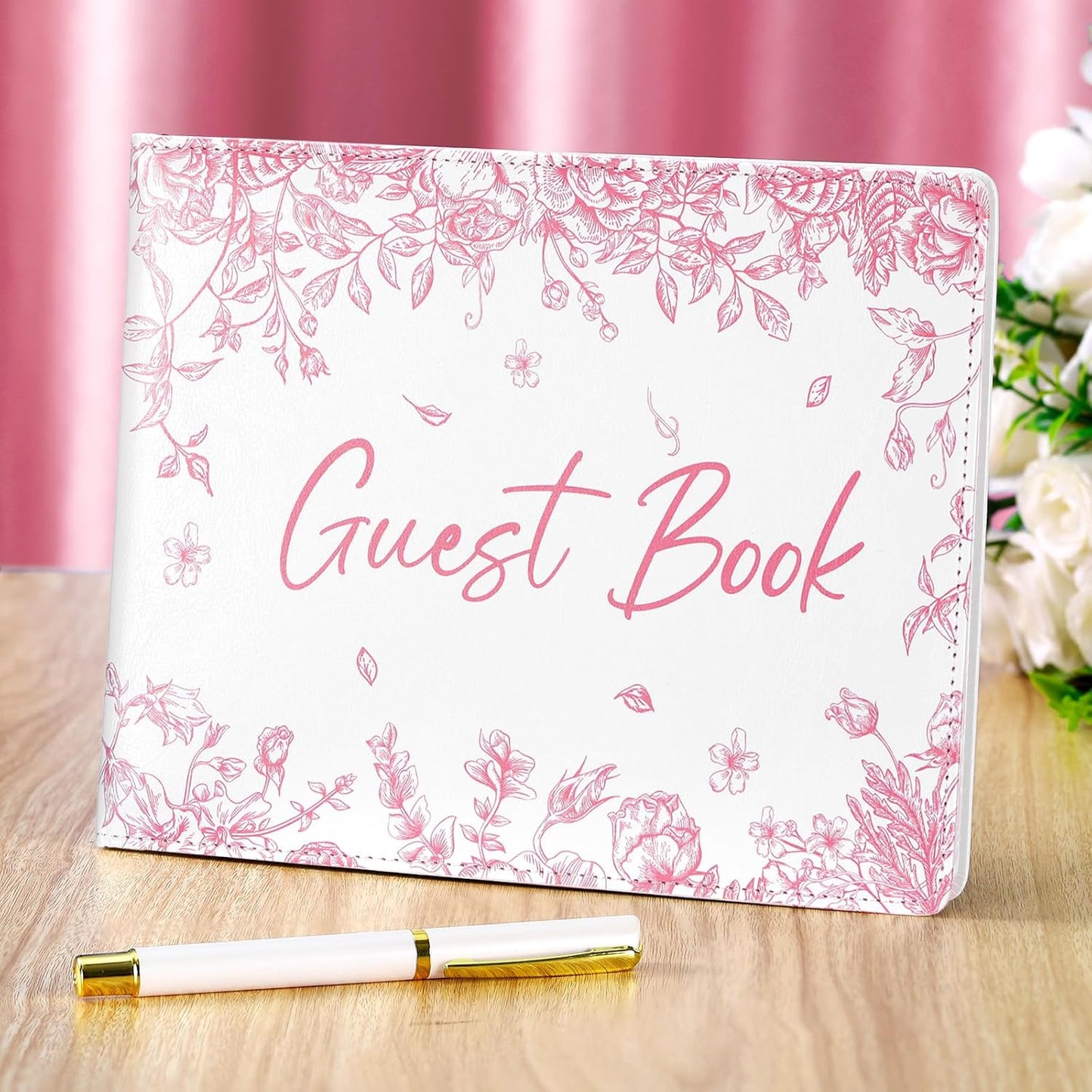 Panelee Wedding Guest Book with Pen Set Elegant Guest Sign in Books Bridal Shower Guestbook Beautiful Guest Book Wedding Reception Guestbook for Wedding (Flower, Blue)