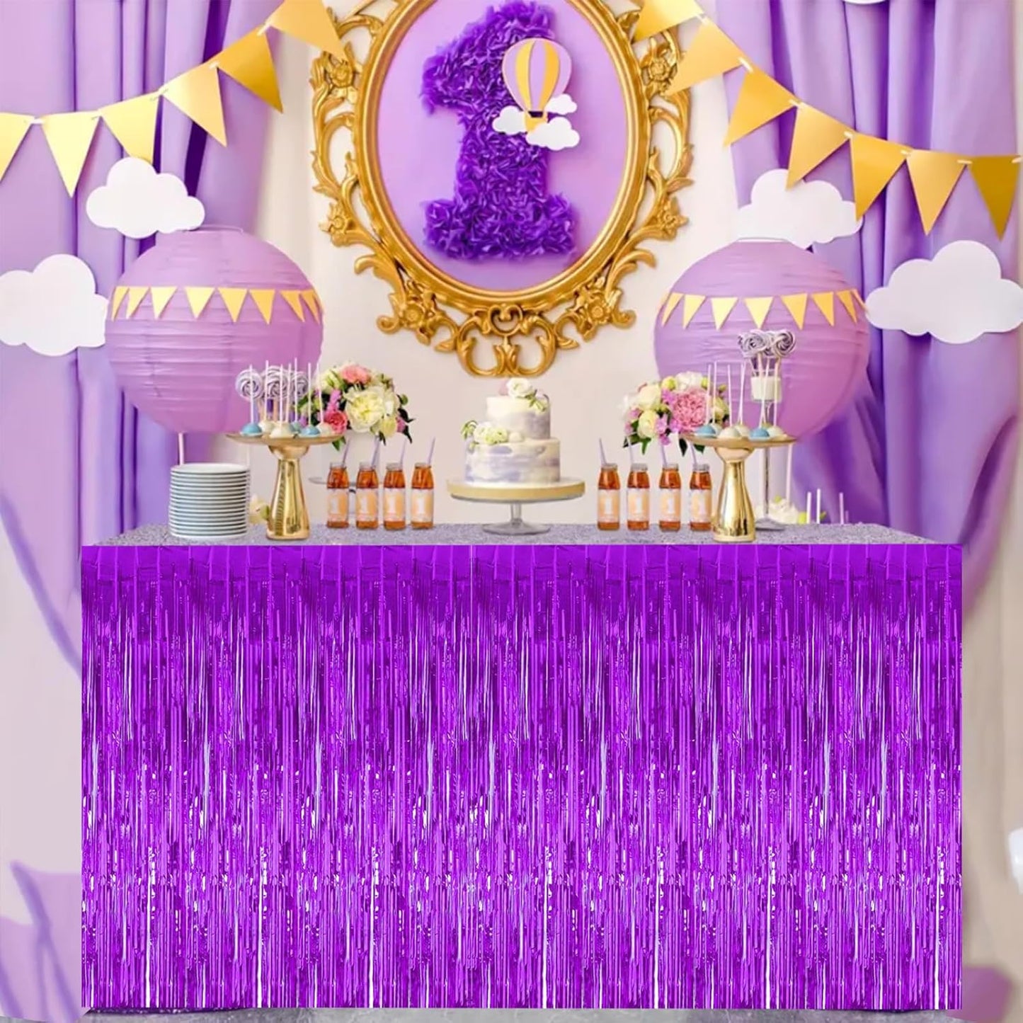 BEISHIDA 2 Pack Metallic Tinsel Foil Fringe Table Skirts for Rectangle & Round Tables Hot Pink Kids' Birthday, Holiday Cartoon Party Decorations for Birthday Valentines Baby Shower Festive Events