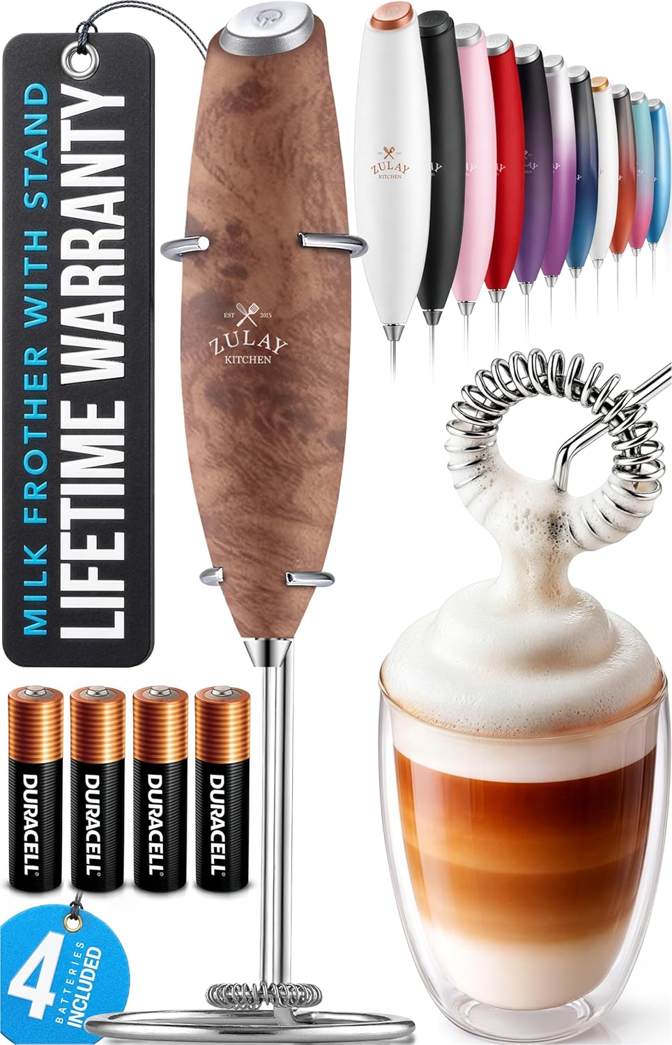 Zulay Kitchen Powerful Milk Frother Wand With Duracell Batteries - Ultra Fast Handheld Drink Mixer - Electric Whisk Foam Maker for Coffee, Lattes, Cappuccino & Matcha - Z1 Motor - Black - Colors D