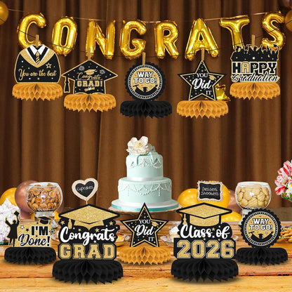 8 Pieces Class of 2026 Graduation Table Decorations - 2026 Congrats Grad Honeycomb Centerpieces, Red Black Graduation Table Toppers Decor for 2026 Graduation Party Decorations Favor Supplies