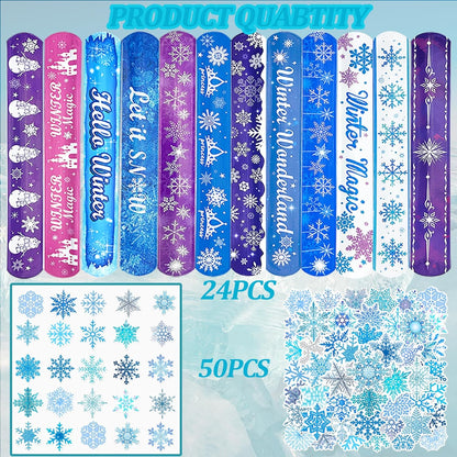 CZWXOXO 74Pcs Snowflake Theme Party Favors Contain 24 Pcs Snowflake Theme Slap Bracelets 50Pcs Snowflake Theme Stickers, Ice and Snow Theme Birthday Party Decorations
