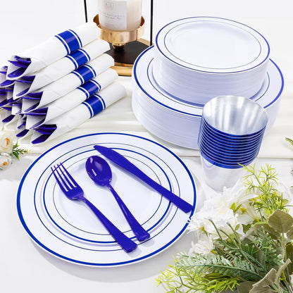 WELLIFE 350-Piece Gold Disposable Plates and Cutlery Set - Premium 10.25" Dinner Plates, 7.5" Dessert Plates, 9oz Cups & Cutlery for Weddings, Catering Events - 50 Guest Service - Elegant & Sturdy
