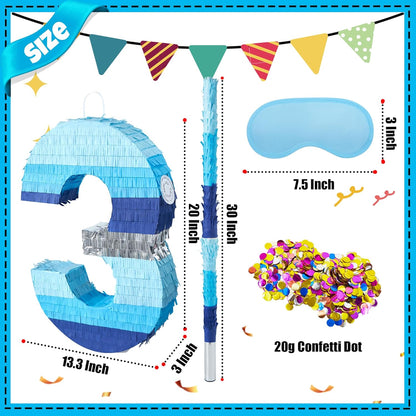 PCFING 20 Inch Number 3 Piñata Blue Silver with 30 Inch Piñata Stick Blindfold Confetti for Boys Girls Adults Birthday Party Decorations, Anniversary Celebration, Fiesta