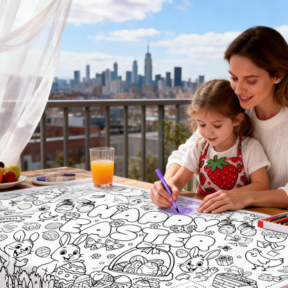 Kids Coloring Tablecloth, Easter Bunny Egg Chick Theme Paper Coloring Poster, 31 x 72 Inch Spring Holiday Coloring Activity Party Table Cover
