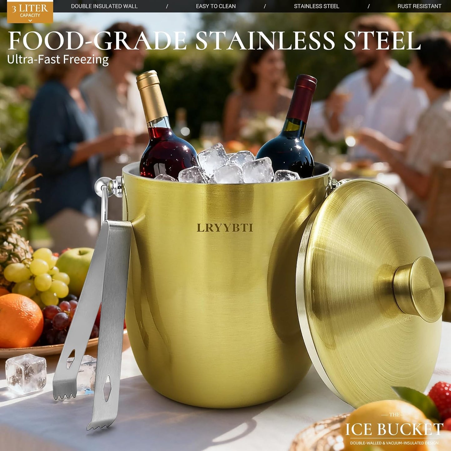 Ice Buckets for Parties with Lid,Tongs and Strainer (3L/Silver) Double Wall Stainless Steel Ice Bucket Keeps Frozen Longer,Ideal Perfect for Parties, Cocktail bar, Chilling Wine, Champagne