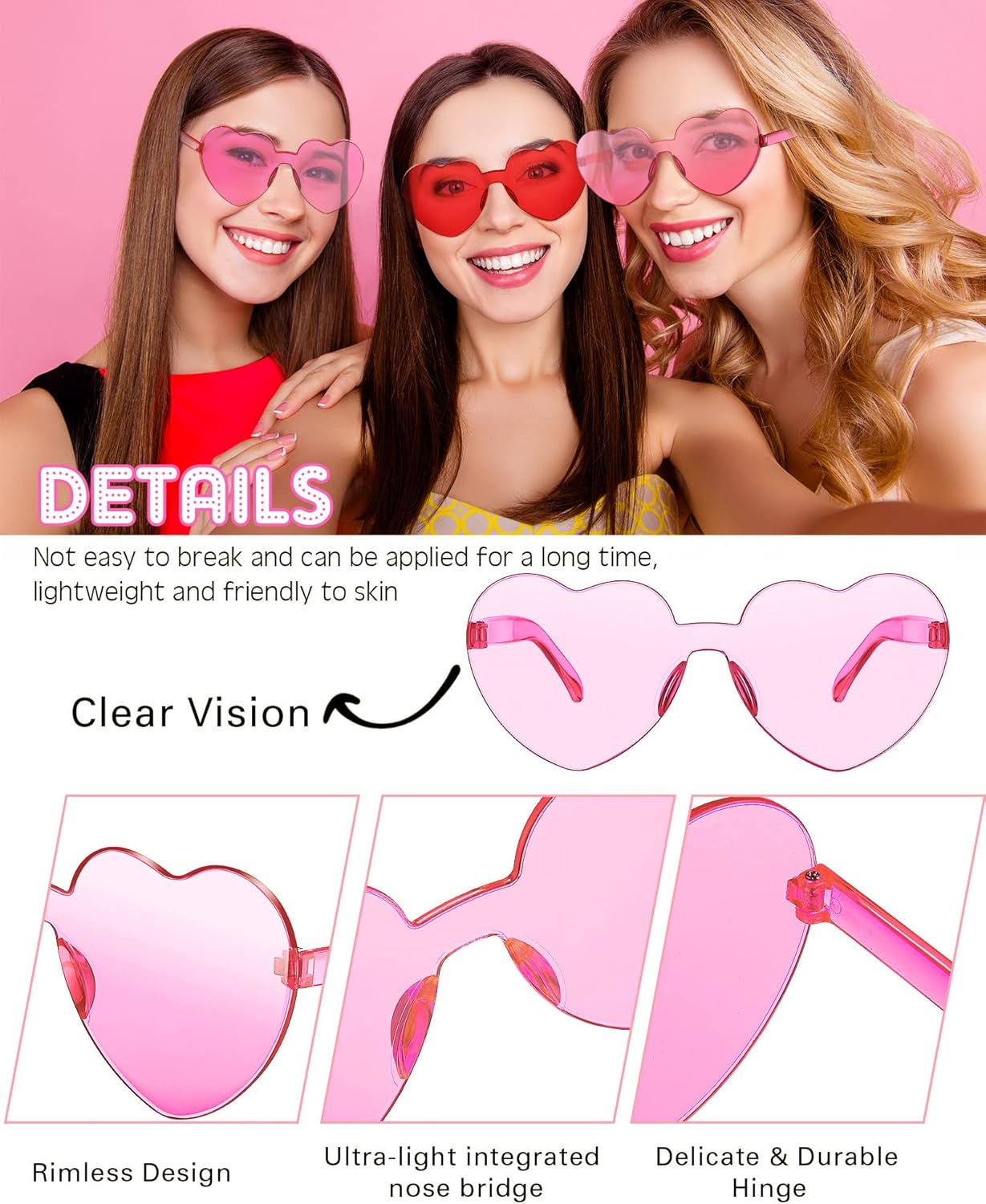 Frienda 20 Pairs Heart Shaped Sunglasses Rimless Candy Color Glasses for Women Men Party Favor