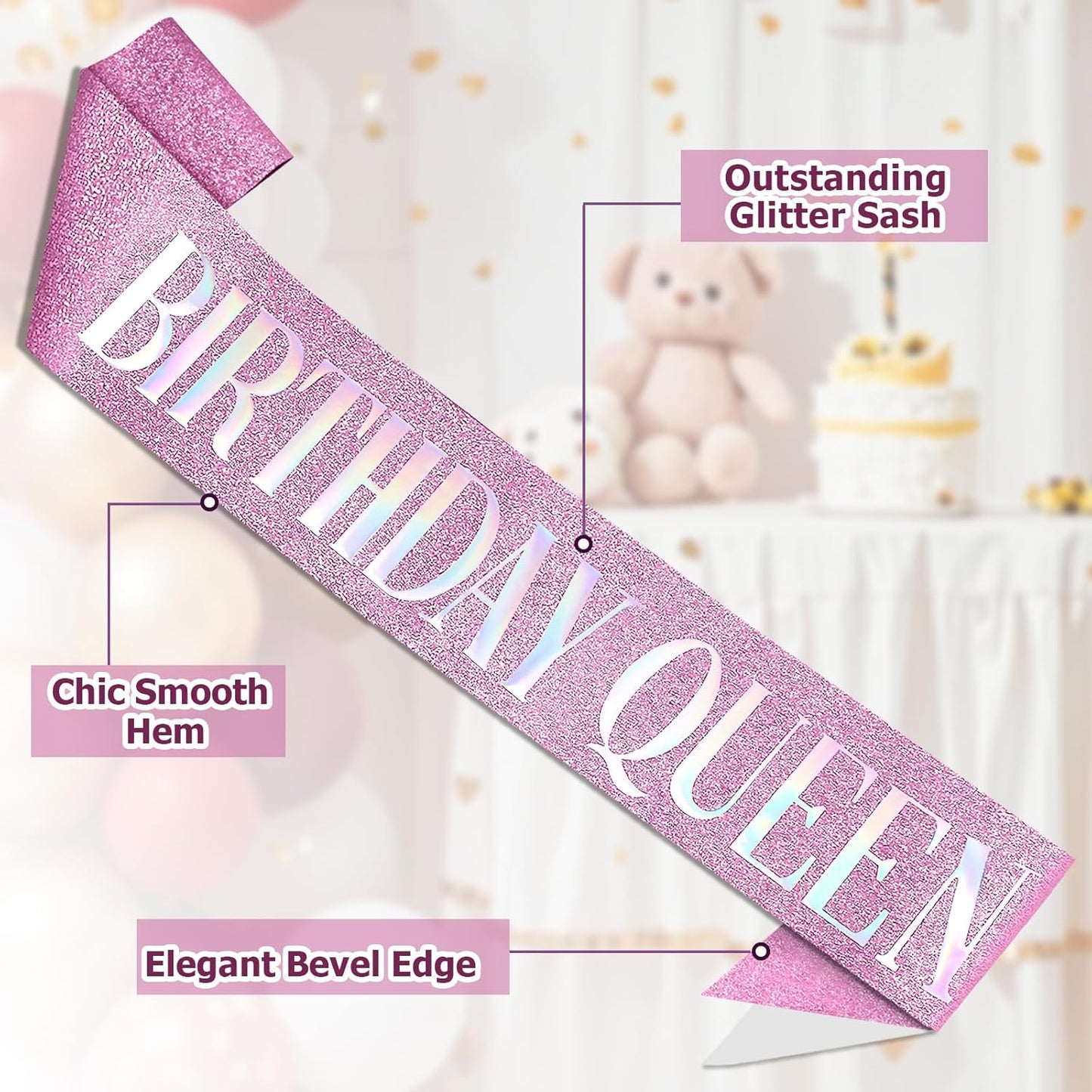 RUDONG M Birthday Queen Sash Glitter - Gold Birthday Sash for Women & Girls | Sweet 16/18th/21st/30th/40th/50th/60th/70th, All-Age Celebration Party Decor