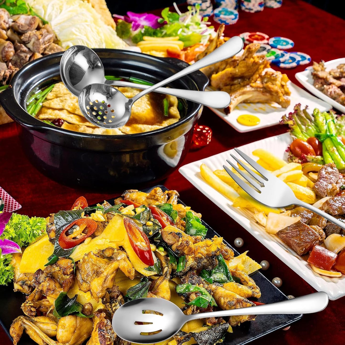 Stainless Steel Serving Utensil Set 10-Piece Buffet Flatware Catering Silverware with Bread Tong,Cake Spatula,Serving Ladles,Salad Fork,Cheese Knife,Large Spoon for Parties Buffet