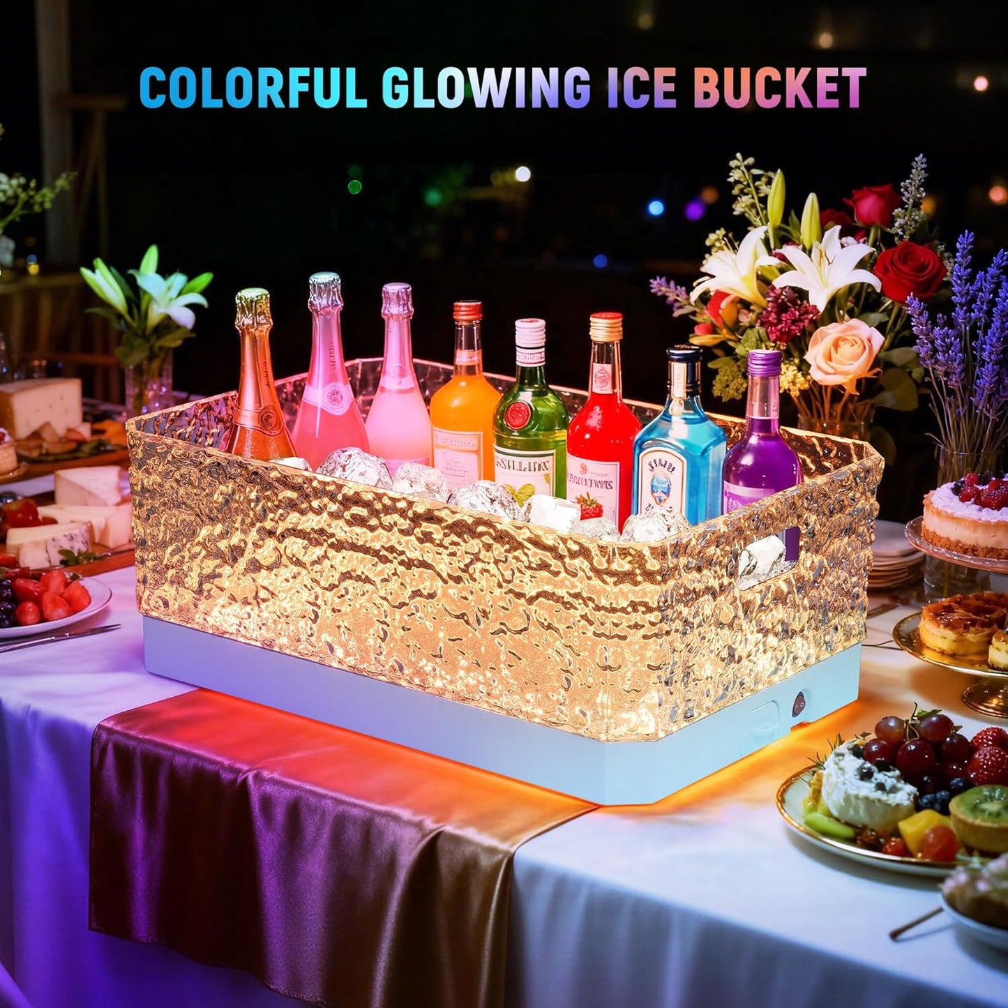 15L LED Ice Bucket for Parties, Rechargeable 7-Color Changing Light Up Beverage Tub, Clear Acrylic Wine & Champagne Drink Cooler, Leakproof Party Tub for Home Bar & Outdoor Entertaining