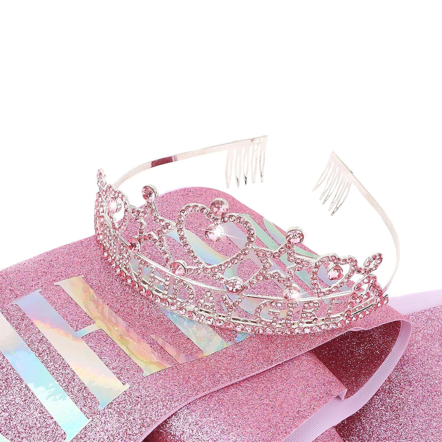 CIEHER Birthday Girl Crown and Sash Set for Birthday Decorations Gifts for Women Girls - Silver AB Rhinestones