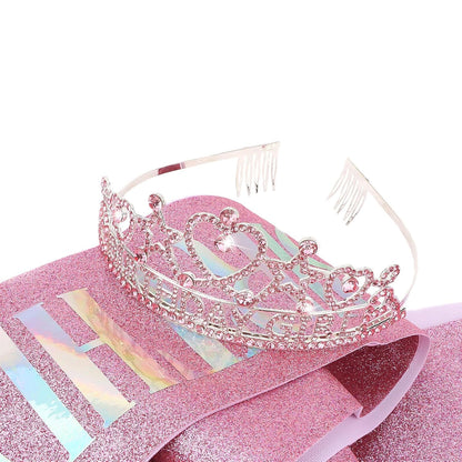 CIEHER Birthday Girl Crown and Sash Set for Birthday Decorations Gifts for Women Girls - Silver AB Rhinestones