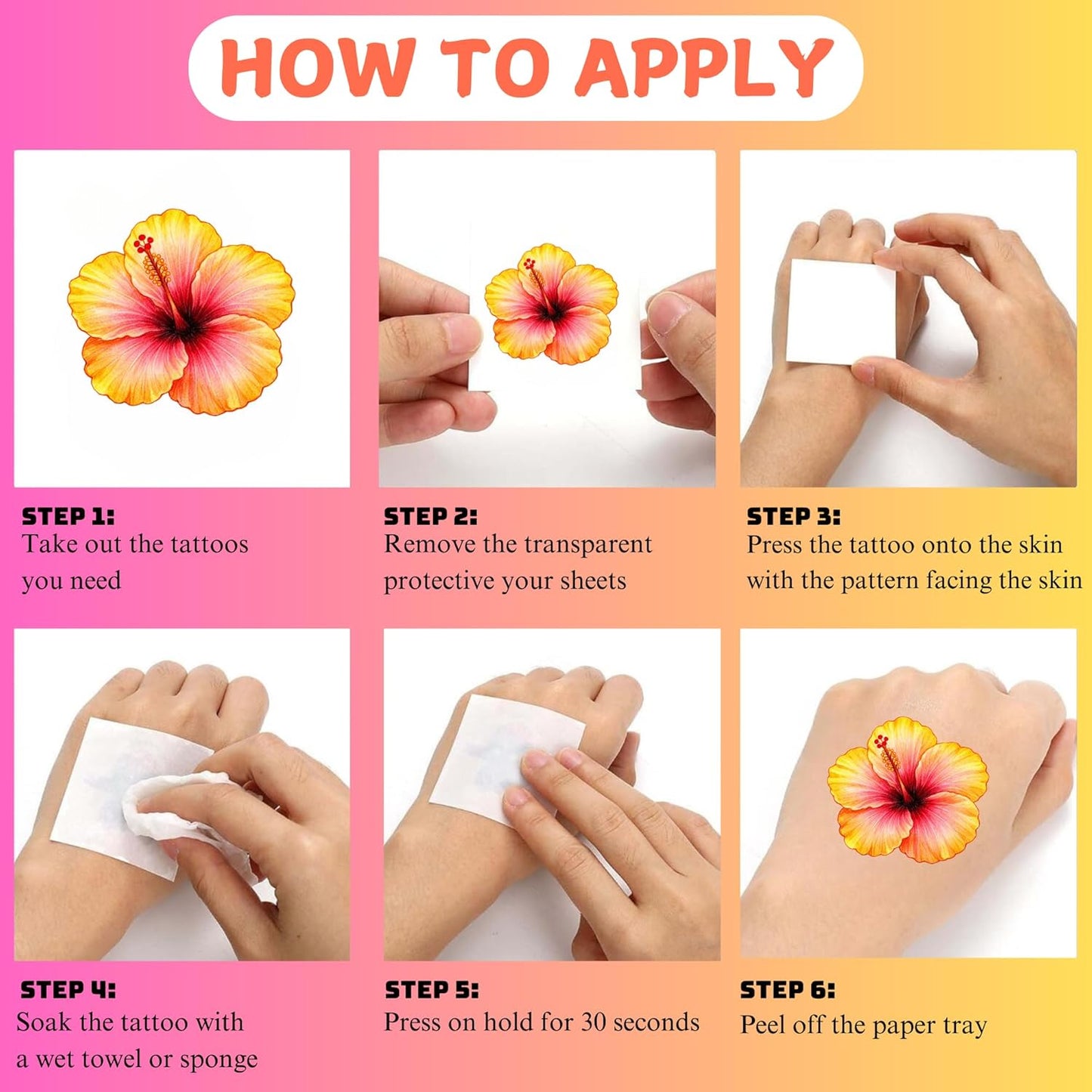 Tropical Flower Hawaiian Temporary Tattoos for Kids - 96 PCS Pre-cut Hawaii Luau Hibiscus Plumeria Party Favors Flower Summer Waterproof Stickers for Summer Aloha Party Decoration Supplies