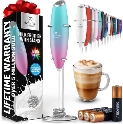 Zulay Kitchen Powerful Milk Frother Wand With Duracell Batteries - Ultra Fast Handheld Drink Mixer - Electric Whisk Foam Maker for Coffee, Lattes, Cappuccino & Matcha - Z1 Motor - Black - Colors B