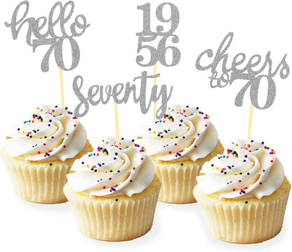 24 Pcs Glitter 70th Birthday Cupcake Toppers for Celebrating 70th Birthday Party Decorations for Seventy Years Old Birthday Party Supplies (Rose Gold2)