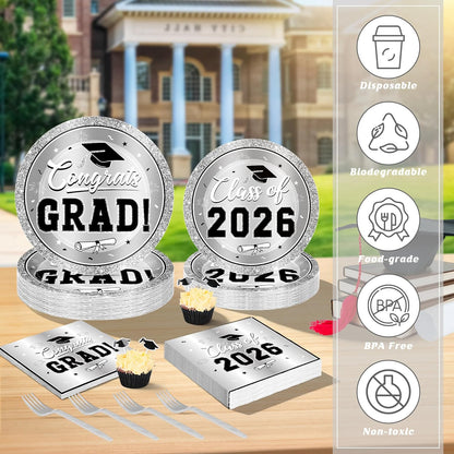 200Pcs Graduation Decorations 2026, Blue Graduation Plates and Napkins Party Supplies for 50 Guests, Disposable Grad Plates, Napkins, Dessert Plates and Forks for Grad Decor Wedding Birthday Supplies