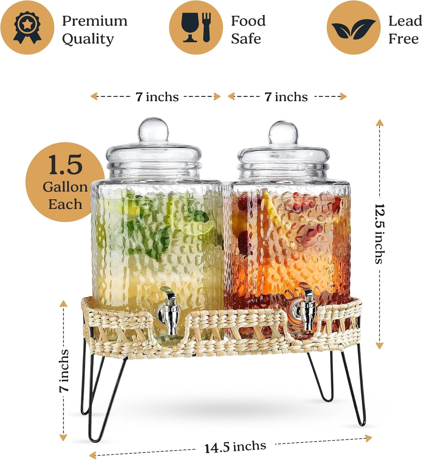1.5 Gallon Glass Drink Dispenser for Parties 3 PACK Beverage Dispensers with Stand, Glass Water Jug Dispenser, with 18/8 Stainless Steel Spigot, Great for Party, Wedding, Picnic, BBQ Wicker Design