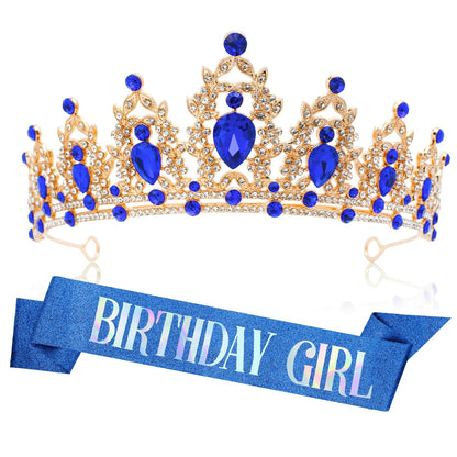 Silver Birthday Crown Headband with Sash for Women - Rhinestone Tiara for Birthday Parties