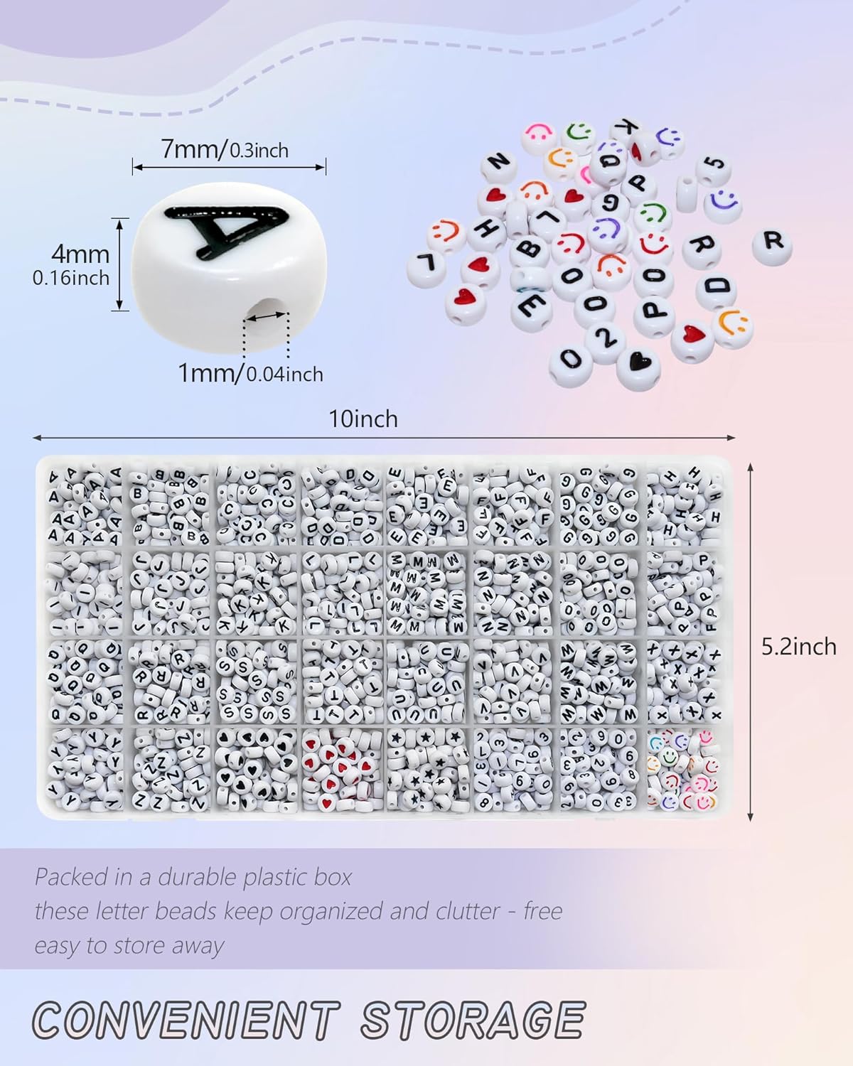 Amaney 1400pcs Glow Letter Beads, Heart Beads Whit Elastic Beading Cord,4x7mm Round Acrylic Alphabet Beads for Friend Bracelet Jewelry Making