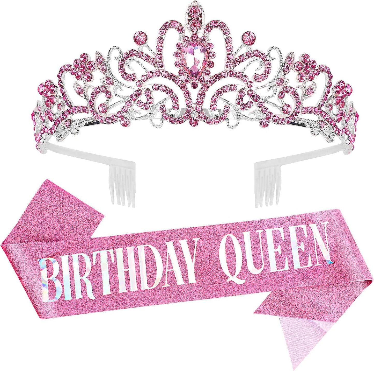 Happy Birthday Queen Tiara Crowns for Women, Red Sash, Party Favors Supplies Gift, 30th Decorations, Stuff Accessories