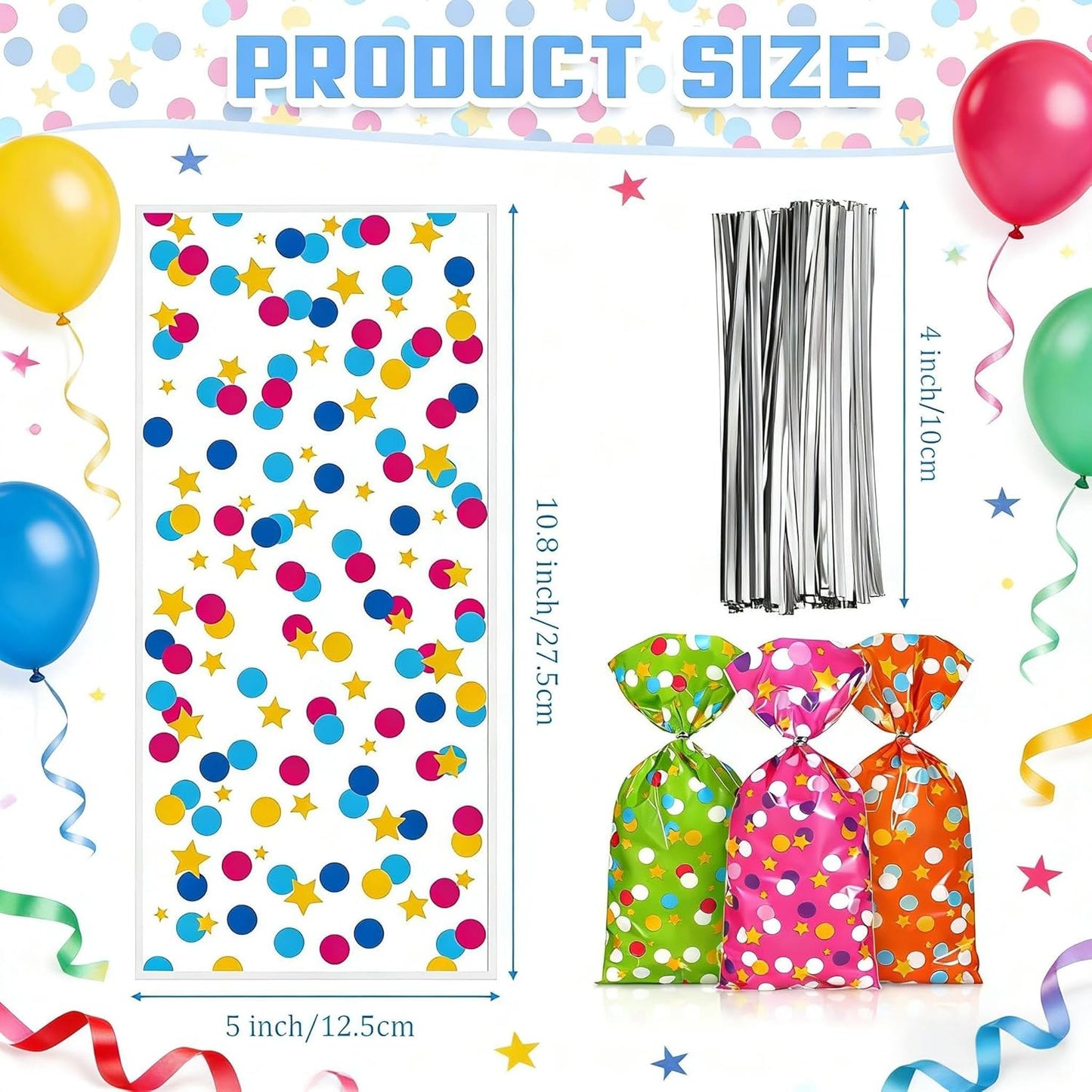 Pajean 100 Pcs Cellophane Treat Bags for Party Favors Polka Dots Goodie Star Treat Candy Bags with 100 Twist Ties Rainbow Stars Theme for Birthday Mother's Day Birthday Weddings Supplies