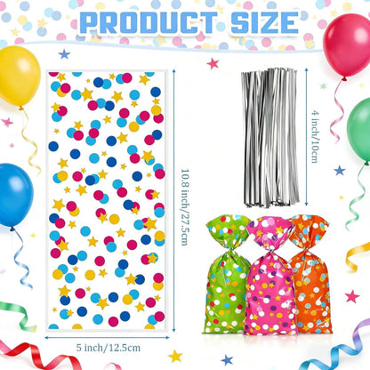 Pajean 100 Pcs Cellophane Treat Bags for Party Favors Polka Dots Goodie Star Treat Candy Bags with 100 Twist Ties Rainbow Stars Theme for Birthday Mother's Day Birthday Weddings Supplies