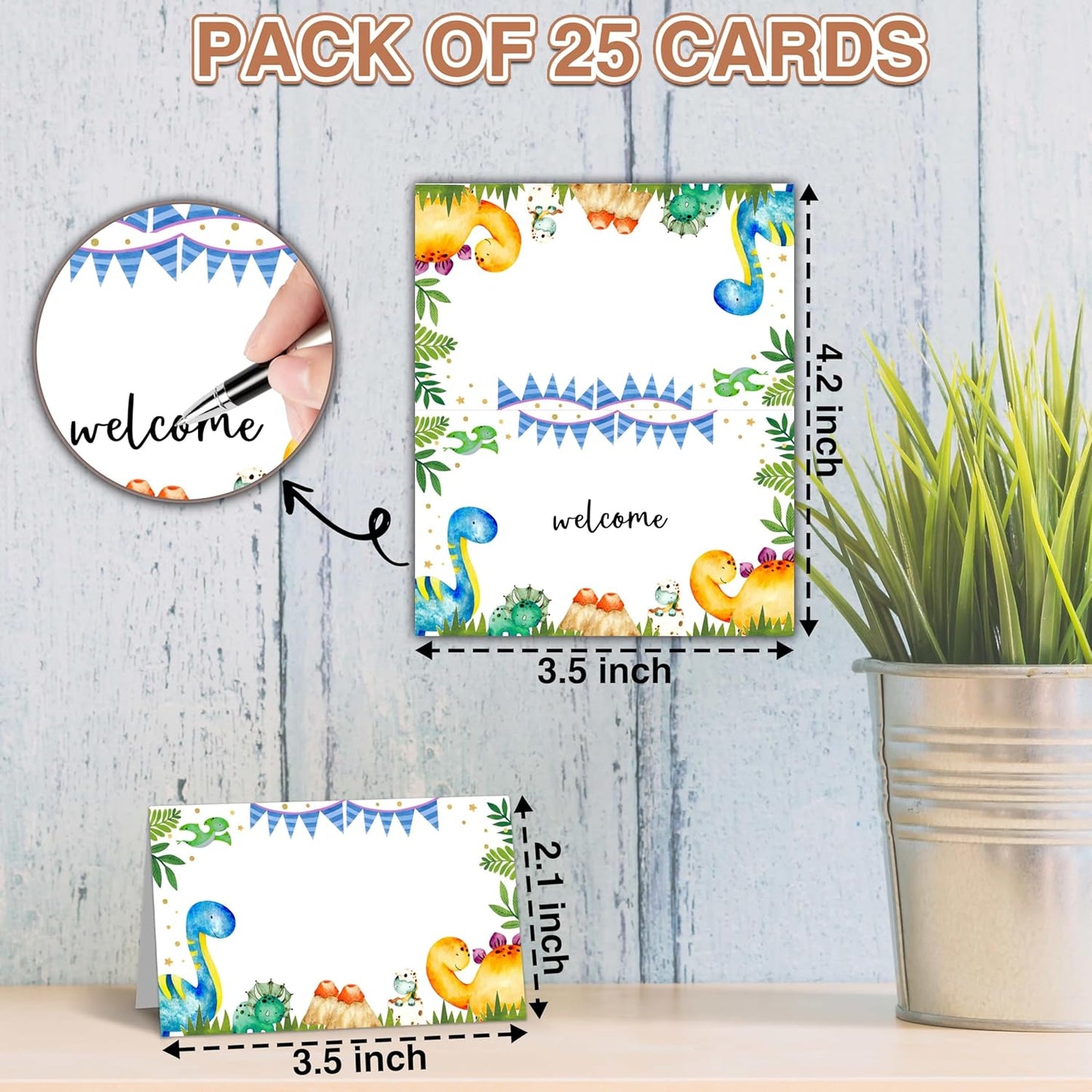 Dinosaur Table Place Cards - 25PCS Tent Cards - Tropical Dino Themed Food Lables - Name Place Cards for Table Setting - Name Cards for Birthday Party Baby Shower - Scored for Easy Folding -10