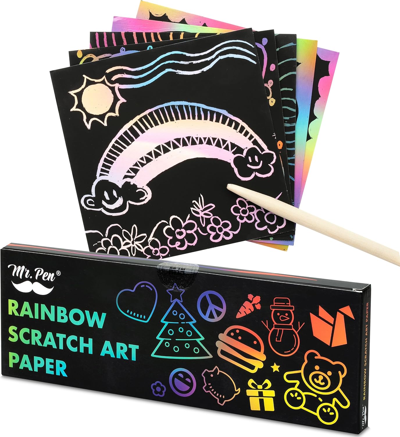 Mr. Pen- Scratch Art for Kids with Wooden Stylus, 125 pcs, Rainbow Scratch Paper, Scratch Art Paper