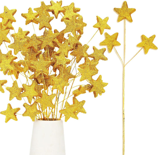 Wavwavw 24 Pcs Glitter Star Picks 13.8'' Sparkly Star Stem Picks Decoration Foam Vase Sticks Centerpiece Table Craft Vase Filler for Wreath Birthday Wedding Bridal Shower Arrangement(Gold)