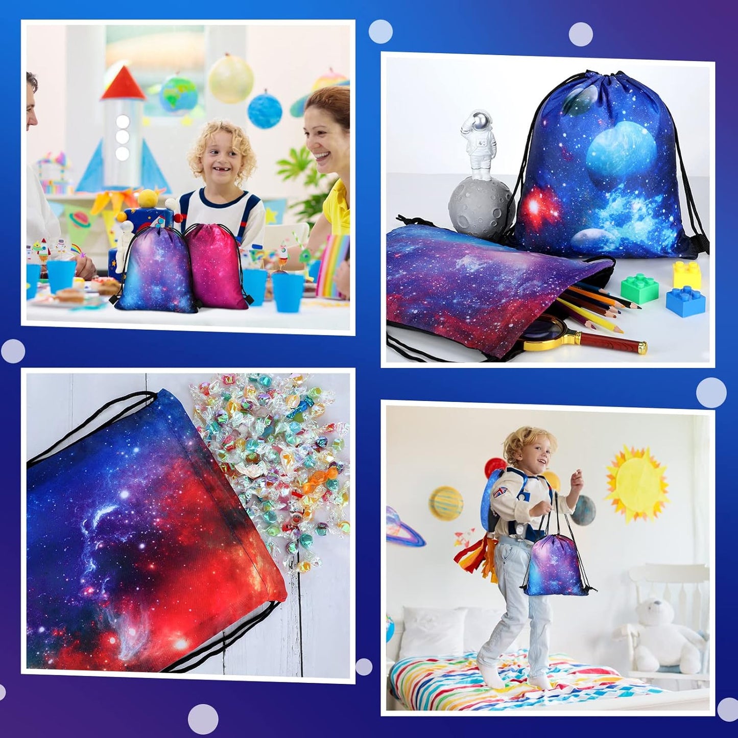 Lothee 30 Pcs Galaxy Party Favor Bags Space Drawstring Bags Starry Night Sky Backpack Galaxy Treat Candy Birthday Party Supplies for Kids Gifts
