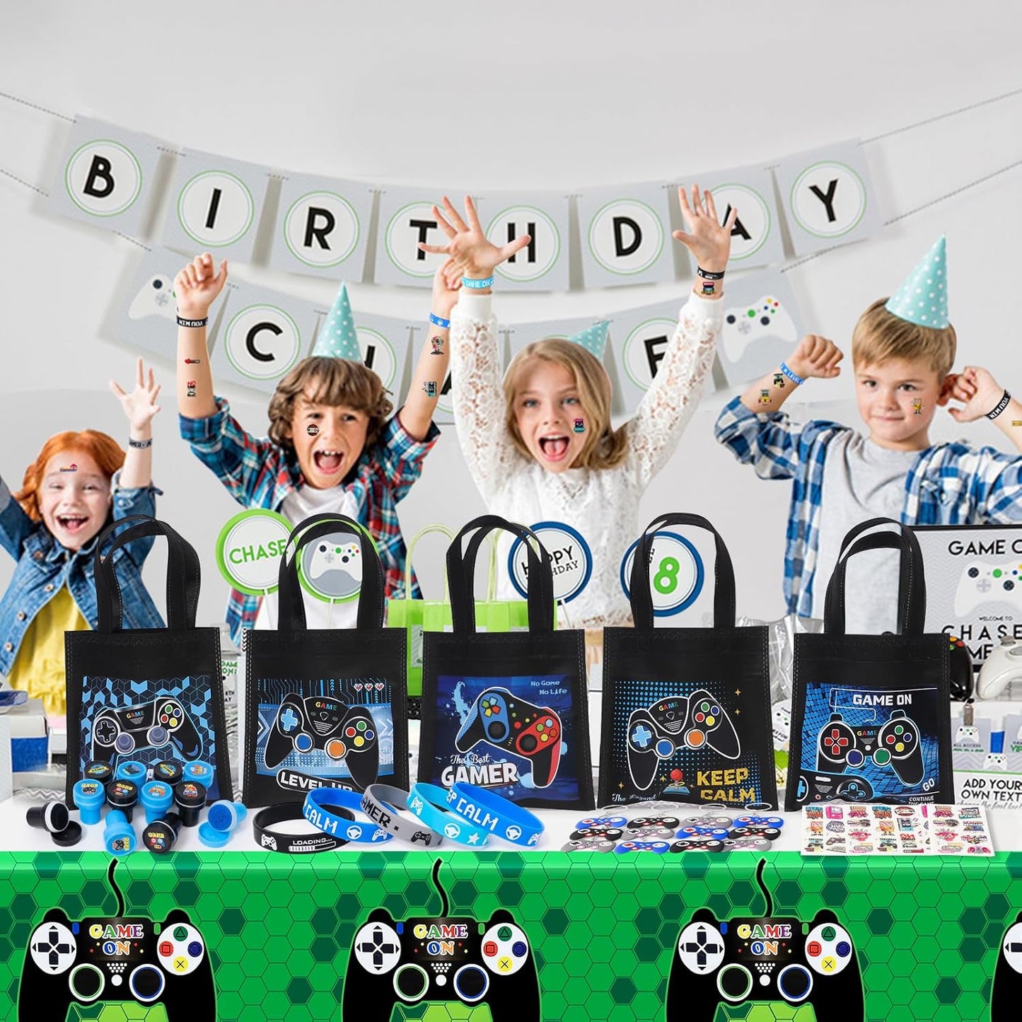 60Pcs Video Game Party Favors Gamer Birthday Party Supplies for Kids Non Woven Bags Silicone Bracelet Stamper Keychain Glow Sticker Game on Gift Goodie Treat Bag Fillers Boy Gaming Party Favors