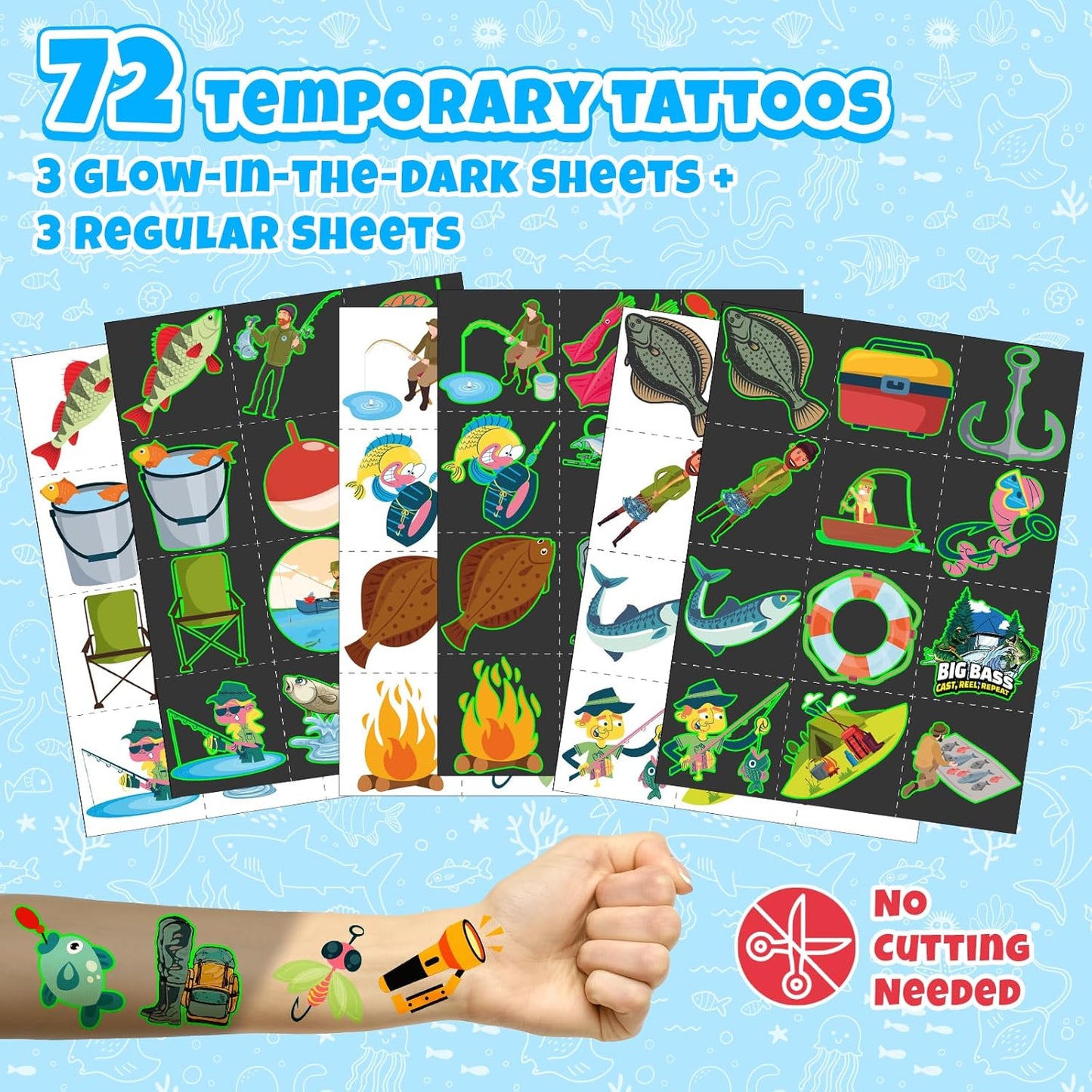 96 PCS Fishing Party Favors Set – 72 Pre-Cut Temporary Tattoos & 24 Slap Bracelets for Kids, Perfect for Outdoor Birthday Parties, Camping Adventures & Classroom Rewards