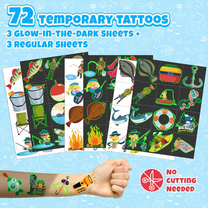 96 PCS Fishing Party Favors Set – 72 Pre-Cut Temporary Tattoos & 24 Slap Bracelets for Kids, Perfect for Outdoor Birthday Parties, Camping Adventures & Classroom Rewards