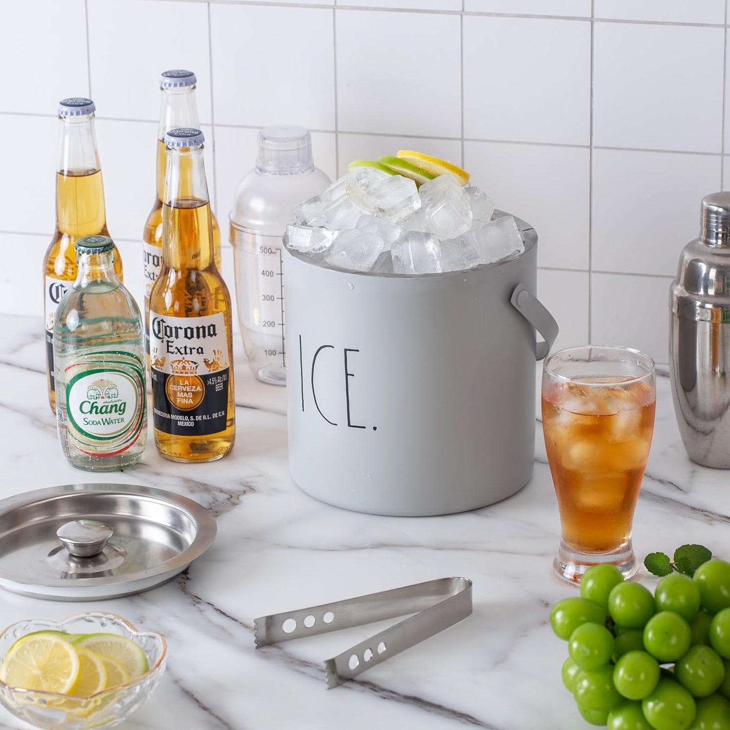 Rae Dunn Ice Bucket with Scoop - Stainless Steel Bucket with Handle, Lid and Ice Scooper - 4 Qt. Storage Bin for Ice Cubes for Bars, Parties, Backyard Barbeques, Picnics, and Camping (Sage)