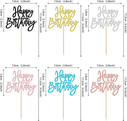 24 PCS Happy Birthday Cupcake Toppers Glitter Picks for Celebrating Anniversary Theme Party Cake Decorations Supplies Gold